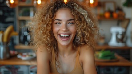 Radiant Young Woman with Curly Hair Laughing Joyfully.