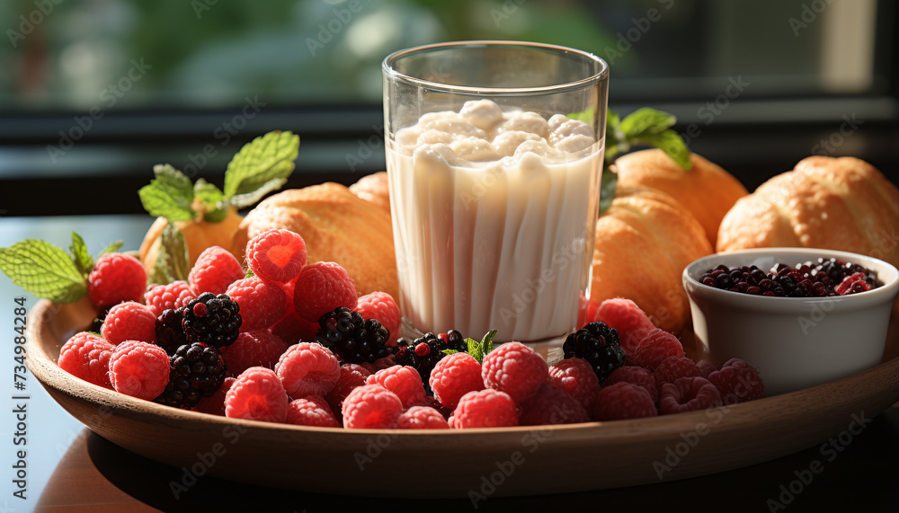 Sticker fresh berry fruit dessert on wooden table with yogurt and mint generated by ai