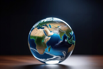 Earth day. Earthly Glass Orb isolated on dark background. Glass globe on a black background. Environment concept