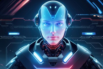 3D close-up illustration of a sci-fi robot in outer space. The robot's head in space, a metal helmet with neon lighting elements. Artificial intelligence. - obrazy, fototapety, plakaty