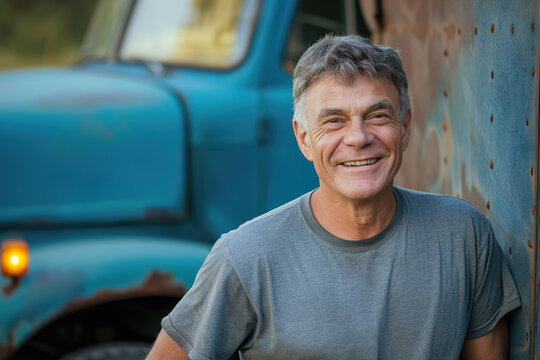 Joyful Mature Man by Aged Blue Pickup Truck