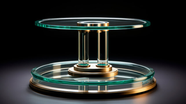 A round glass podium, transparent and poised in a warmly lit room, offers an exclusive stage for displaying items, merging form and function in a luxurious setting.