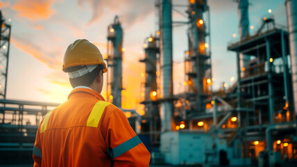 Worker in safety gear at industrial plant representing industry, safety, engineering and energy sector.