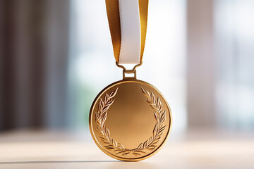 Picture a close-up of a prestigious gold medal, the ultimate symbol of triumph and leadership in a fiercely contested competition The medal dangles gracefully against a white. Generative AI