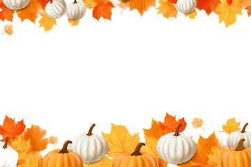 Naklejka na ściany i meble Autumn leaves and pumpkins, Isolated on transparent PNG background, Generative ai