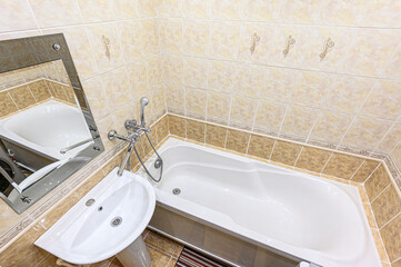 interior apartment room bathroom, sink, decorative elements, toilet. WC, sanitary unit, wash room