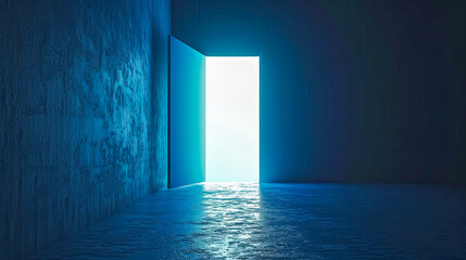 a light is coming out of an open door in a dark room, copy space