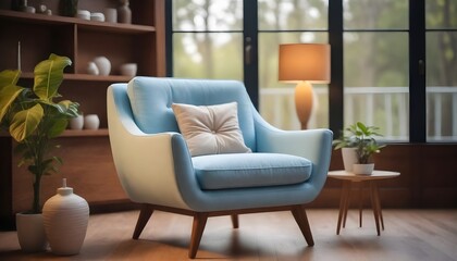A light blue mid-century modern style armchair with a single beige cushion, next to a white vase and a potted green plant, in a cozy room with wooden flooring and large windows