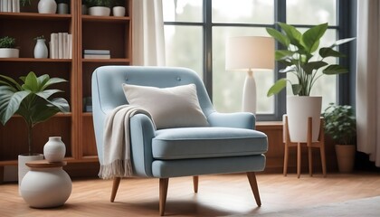 A light blue mid-century modern style armchair with a single beige cushion, next to a white vase and a potted green plant, in a cozy room with wooden flooring and large windows