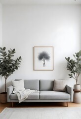 A minimalist living room with a light gray sofa, a gray throw blanket, a small wooden side table with a vase and branches, a round metal magazine holder, a framed wall art of a line drawing