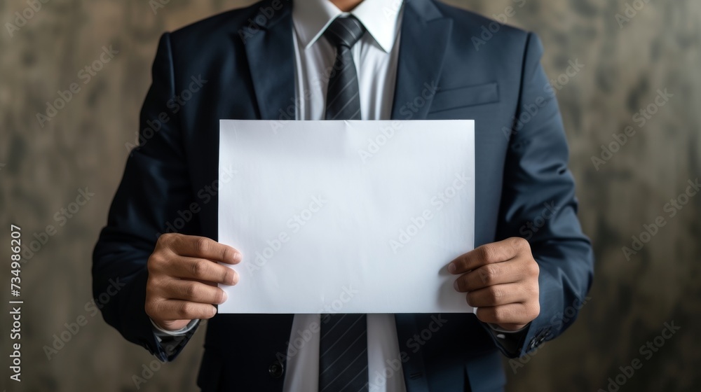 Poster man displaying large white paper mockup on soft pastel background for text or graphics.