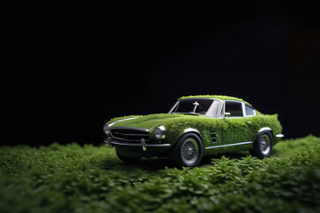 Abstract eco green vintage retro car made of green grass on black background. Earth day and Air pollution concept. Copy space banner