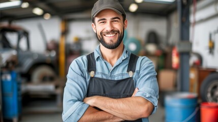 Obraz premium Skilled and confident male auto mechanic working on a vehicle in a professional car service center