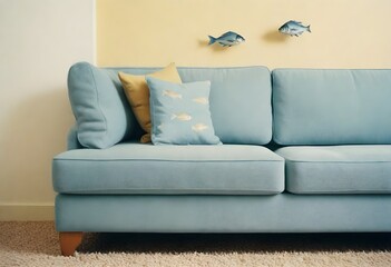 A light blue fabric sofa with several matching cushions against a pale yellow wall with two decorative fish hanging above.