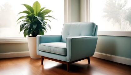 Fototapeta na wymiar A light blue mid-century modern style armchair with a single beige cushion, next to a white vase and a potted green plant, in a cozy room with wooden flooring and large windows