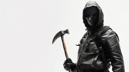 Full body thief in mask with tampering tools on white background - Powered by Adobe