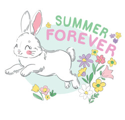 Obraz na płótnie Canvas Hand drawn cute bunny and flowers, summer forever kids print design, vector illustration