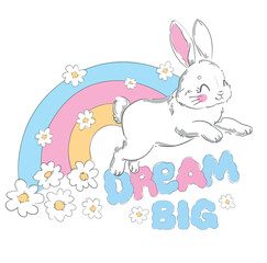 Hand Drawn Cute Bunny and rainbow, print design rabbit, children print on tshirt