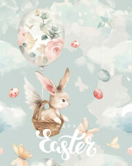Happy Easter postcard. Whimsical illustration of a cute bunny with angel wings sitting in a serene spring garden. Cute children decor.