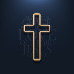 Christian Cross. 3d Gold metal christian cross on dark background with christian quote. Golden religion cross.  Vector illustration.