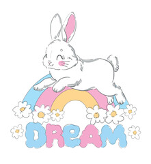 Hand Drawn Cute Bunny and rainbow, print design rabbit, children print on tshirt
