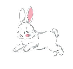 Hand Drawn Cute Bunny isolated on white background. Print design rabbit. Children Print on t-shirt. Vector