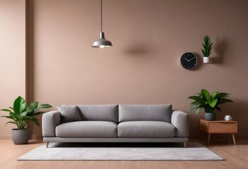 A modern living room setup with a grey sofa, a wooden coffee table, and a wooden side cabinet with plants on top.