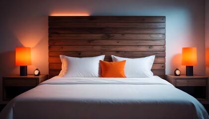  A neatly made bed with white linens and patterned pillows, flanked by a wooden headboard and a nightstand with an orange lamp. The environment suggests a tidy hotel room or a modern bedroom interio