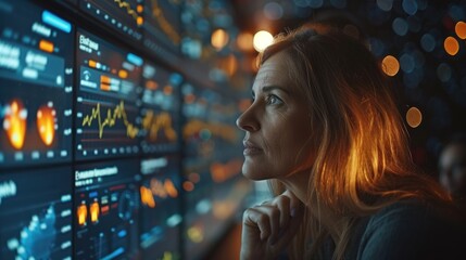 A concentrated woman closely monitors and analyzes complex data on high-tech digital screens in a modern control room.