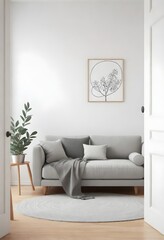 A minimalist living room with a light gray sofa, a gray throw blanket, a small wooden side table with a vase and branches, a round metal magazine holder, a framed wall art of a line drawing above