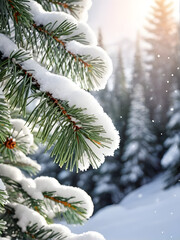 beautiful nature winter scene background with snowy pine tree branch at the edge concept banner. snow covered fir tree