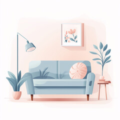 Cozy living room interior with sofa, pastel colors, isolated illustration in flat cartoon style