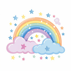 Cute rainbow with clouds for children, pastel colors. Isolated illustration in flat cartoon style