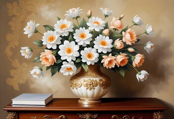 A bouquet of artificial white and peach-colored flowers in an ornate white and gold vase, placed on a wooden table