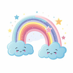 Cute rainbow with clouds for children, pastel colors. Isolated illustration in flat cartoon style