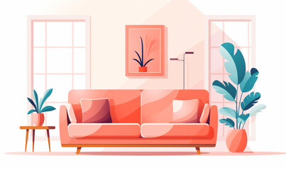 Cozy living room interior with sofa, pastel colors, isolated illustration in flat cartoon style