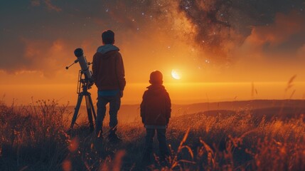 Man and child looking at stars through telescope. Family camping and hiking fun. Outdoor astronomy hobby. Parent and kid watch night sky with milky way. Boy observing planets and moon. - obrazy, fototapety, plakaty
