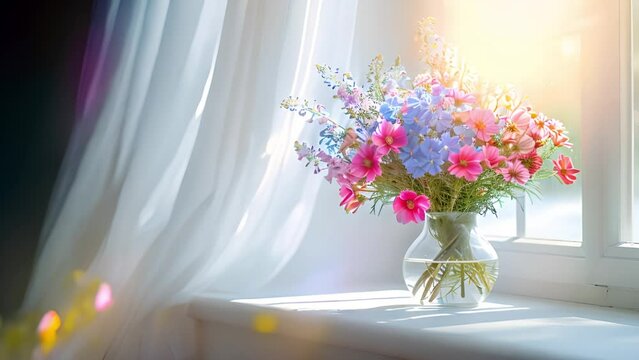 wild flowers in vase on white windowsill with curtains and sunlight shining trough window. Spring in cozy home 4k video colorful