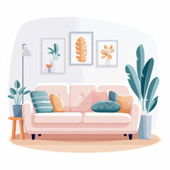 Cozy living room interior with sofa, pastel colors, isolated illustration in flat cartoon style
