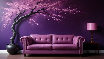 A modern purple sofa with a pink cushion in a room with purple walls and a blooming pink cherry blossom tree in a dark pot