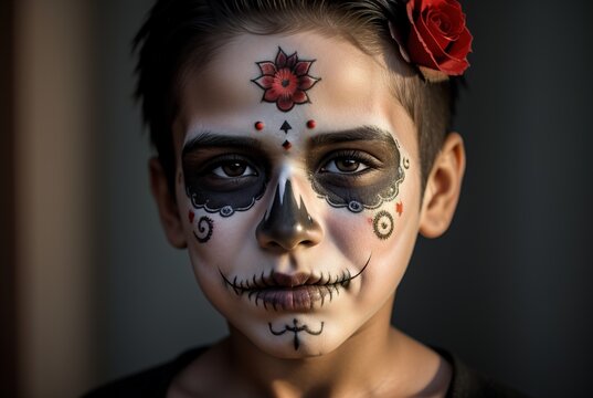 A child in a mask on the Day of All the Dead. Portrait of a scary little Mexican boy with makeup in the form of a skull for Halloween. El Dia de Muertos. 