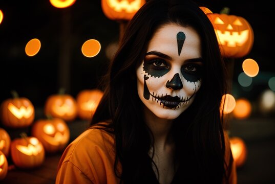 Close-up portrait of a young woman with a skeleton pattern on her face at night on a blurred background, bokeh. Halloween celebration.