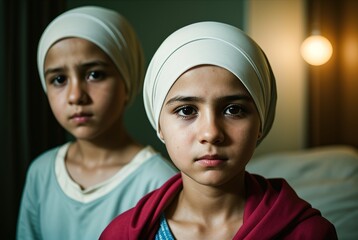 Portrait of two sad girls with cancer with headscarves on their heads in a hospital room. Two girls are looking at the camera. - obrazy, fototapety, plakaty