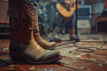 Cowboy Boots Overlooking Outdoor Music Festival. A pair of worn cowboy boots perched on a wooden ledge with a blurred music festival crowd in the background. generative ai - obrazy, fototapety, plakaty