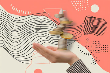 Business persons hand holding a stack of coins. Paper art collage style illustration - obrazy, fototapety, plakaty