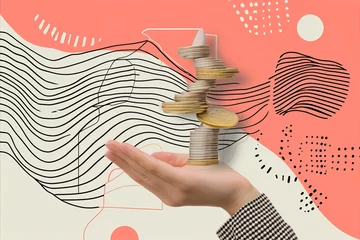 Fotobehang Business persons hand holding a stack of coins. Paper art collage style illustration © ink drop