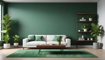 A modern living room with a white sofa, green walls, and a green rug. There is a wooden coffee table in front of the sofa, flanked by potted plants.