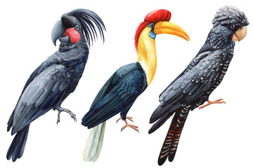 Watercolor illustration, set beautiful tropical bird, Black parrot cockatoo, horn bird in isolated white background © Hanna