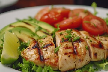Healthy food diet, Grilled chicken meat and fresh vegetable salad of tomato and avocado