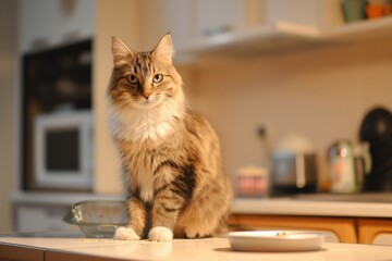 cat sitting on kitchen counter by food dish